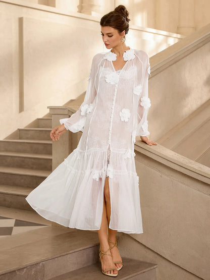 Romantic White Mesh Flower Maxi Dress