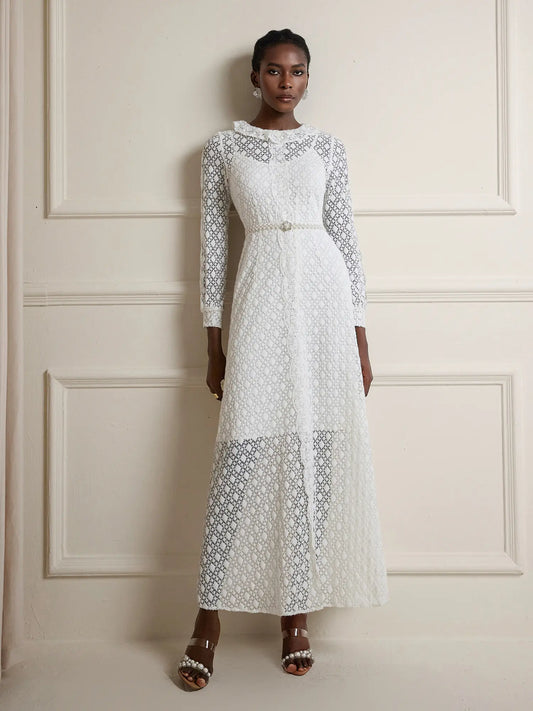 Round Neck Sheer Maxi Dress with Tie