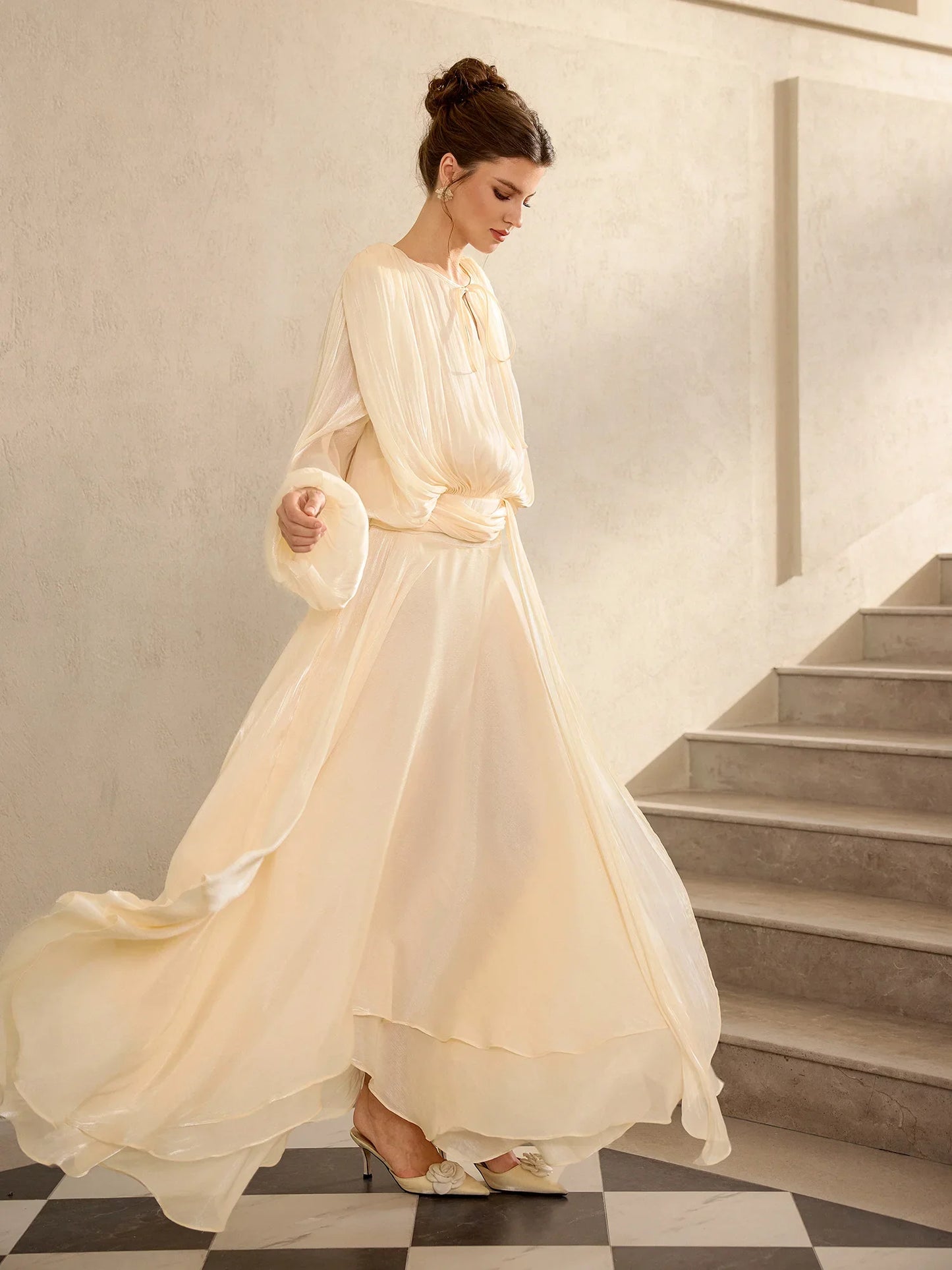 Champagne satin vacation maxi dress