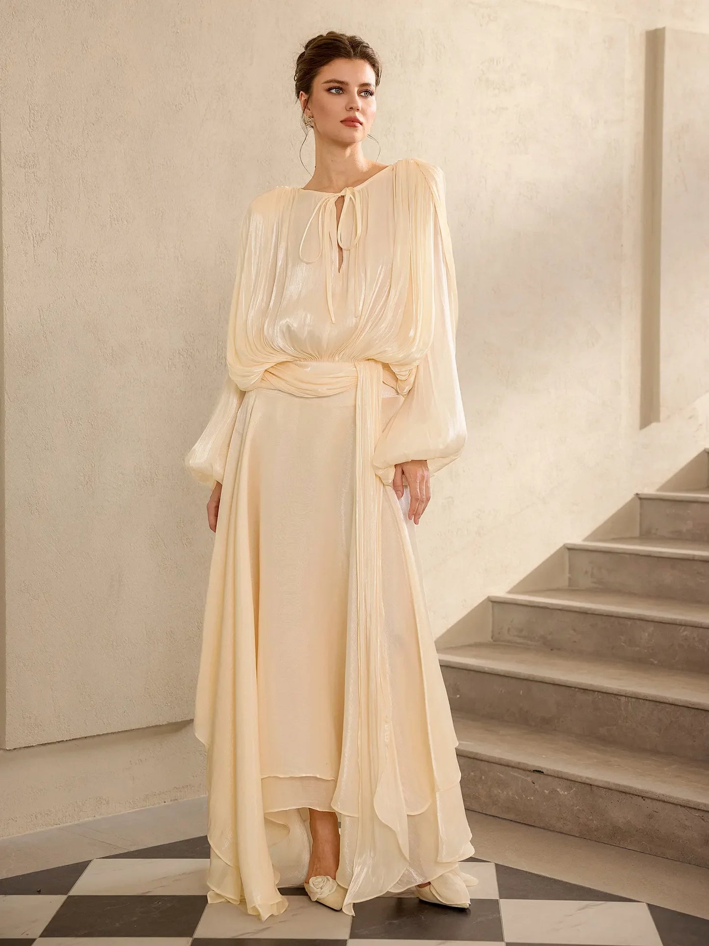 Champagne satin vacation maxi dress