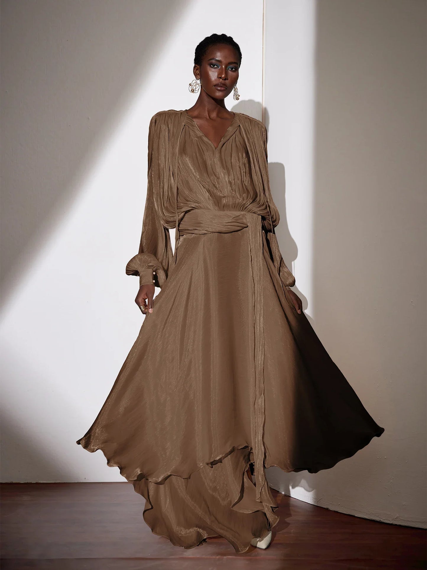 Brown Satin Tie-Strap Maxi Dress
