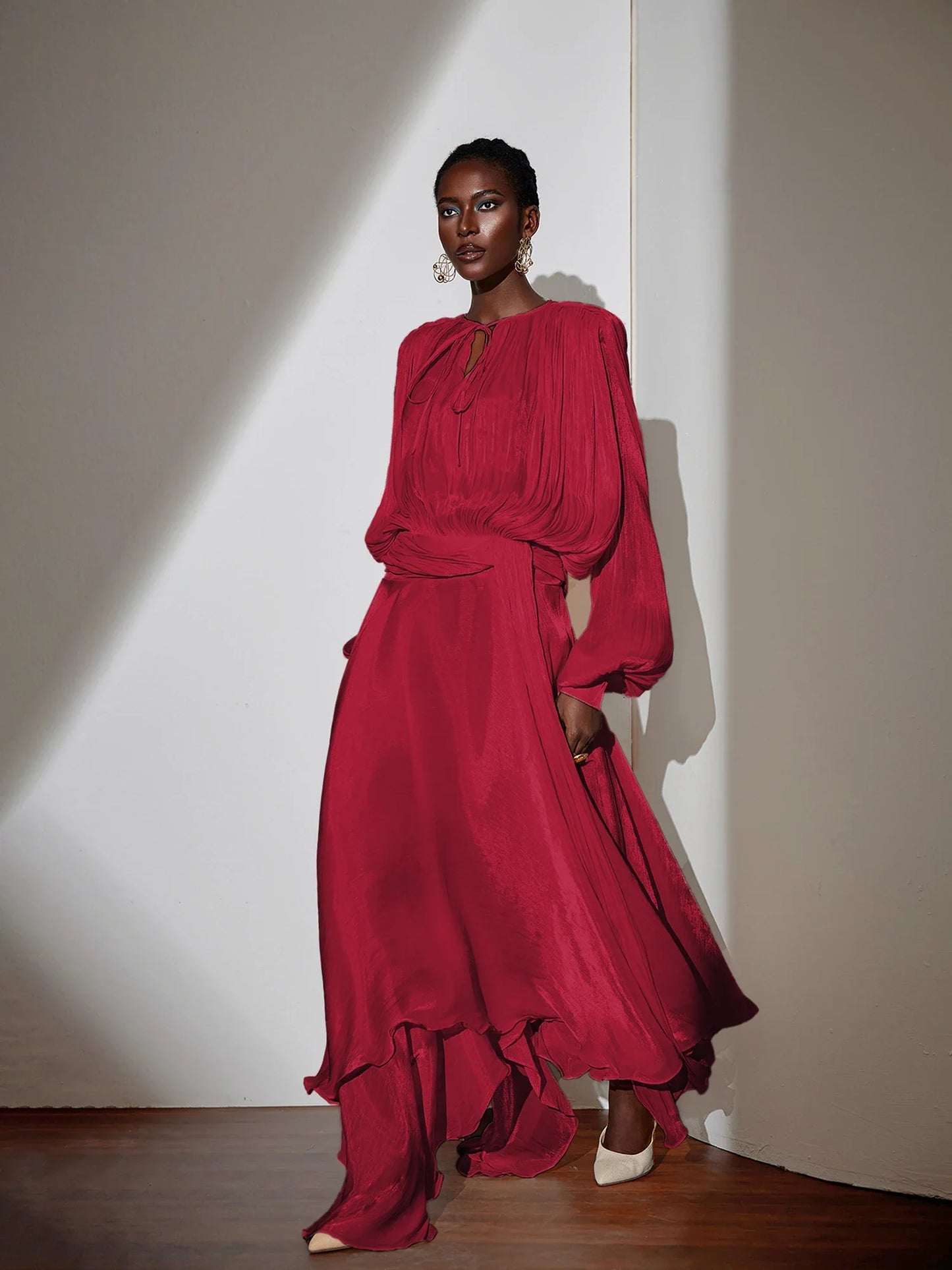 Brown Satin Tie-Strap Maxi Dress