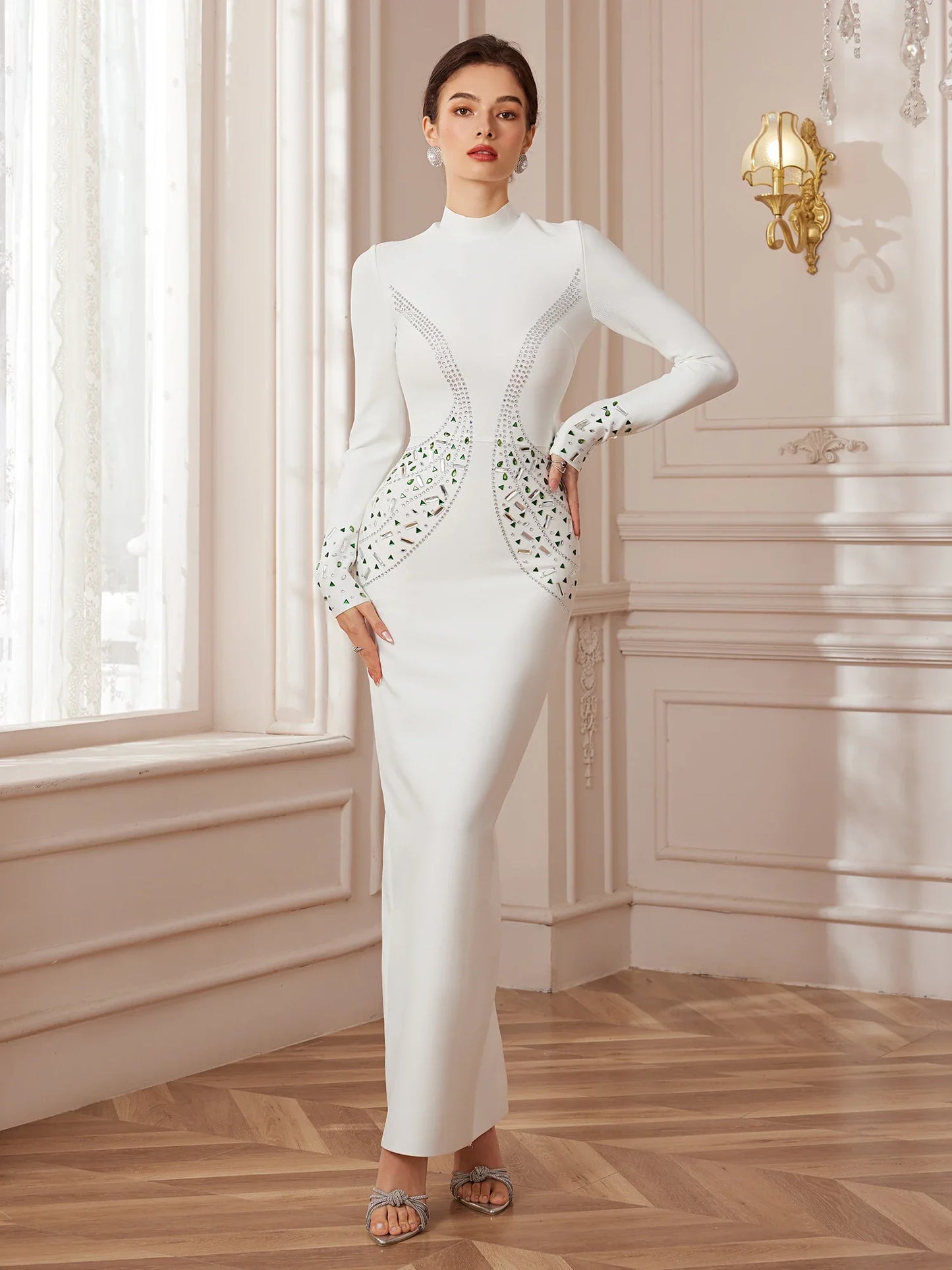White Sculpt-Band Crystal Midi Dress