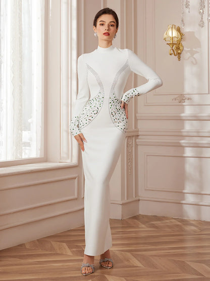 White Sculpt-Band Crystal Midi Dress