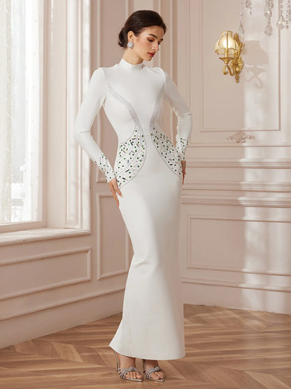 White Sculpt-Band Crystal Midi Dress