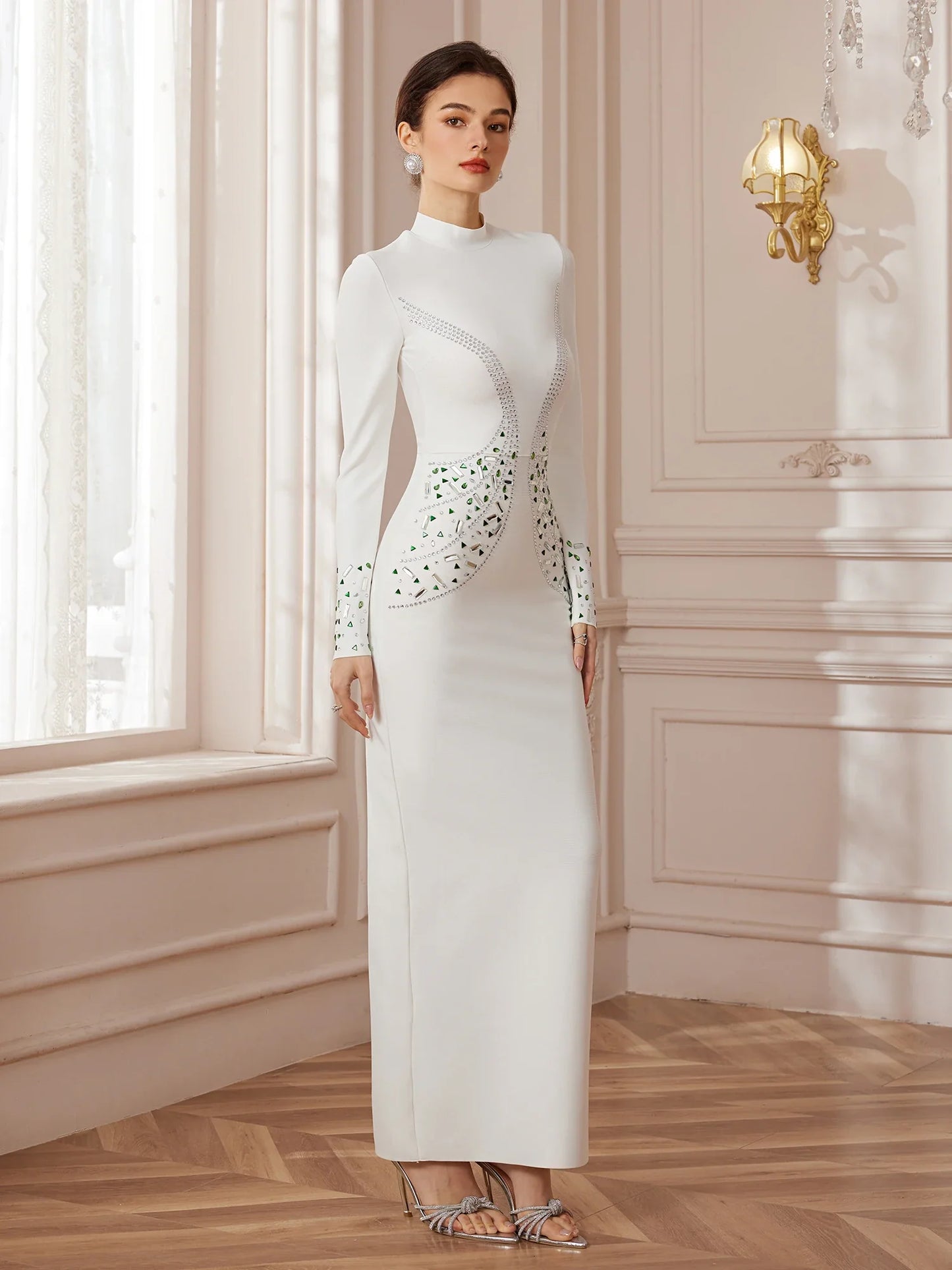 White Sculpt-Band Crystal Midi Dress