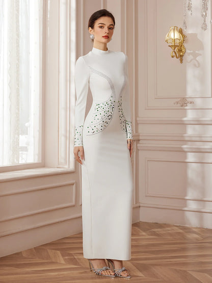White Sculpt-Band Crystal Midi Dress