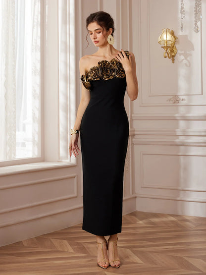 Sculpted Bloom Mermaid Black Midi Dress
