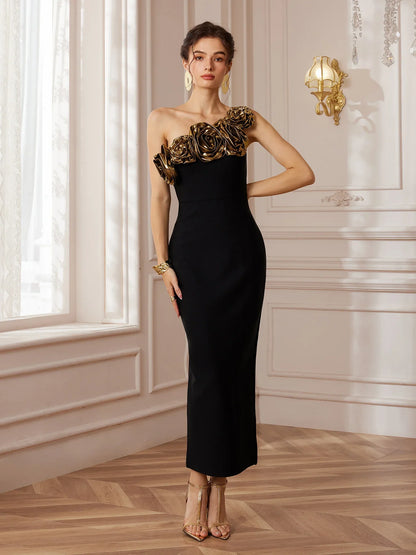 Sculpted Bloom Mermaid Black Midi Dress