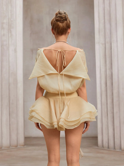 Seersucker Off-Shoulder 3D-Floral Mini Dress with Bottom