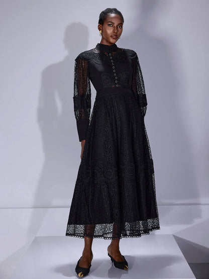 Sheer Mesh High-Neck Elegant Maxi Dress