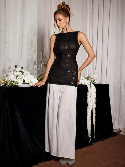 Sheer Sequin Off-Shoulder Evening Maxi Dress