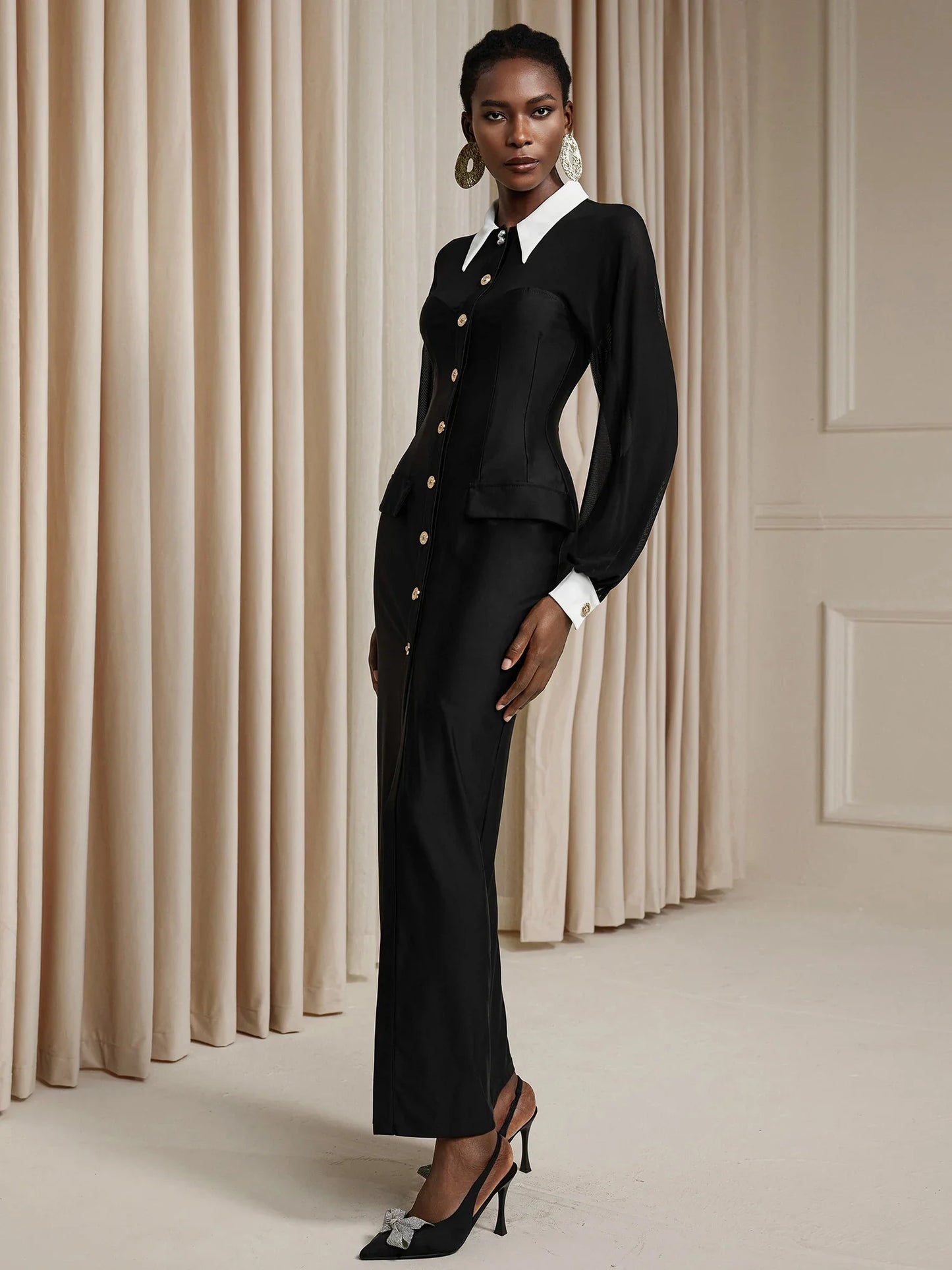 Sheer Upper Shoulder High Slit Midi Dress