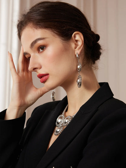 Silver Large Flower Beaded Necklace Earring Set