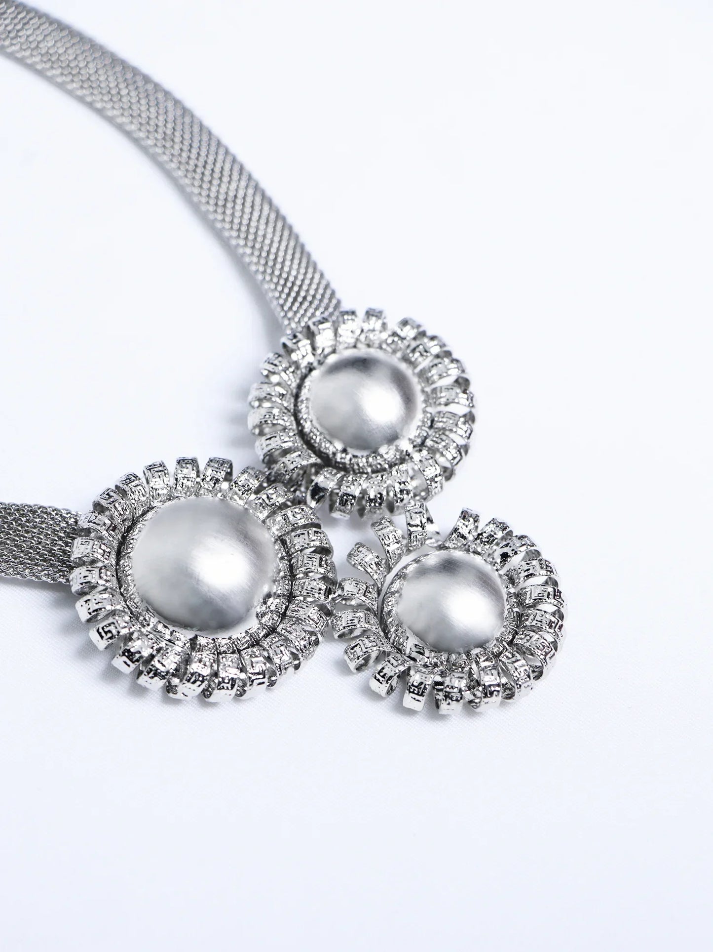 Silver Large Flower Beaded Necklace Earring Set