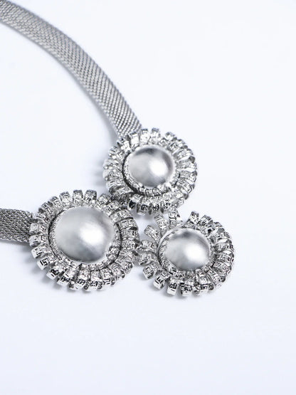 Silver Large Flower Beaded Necklace Earring Set