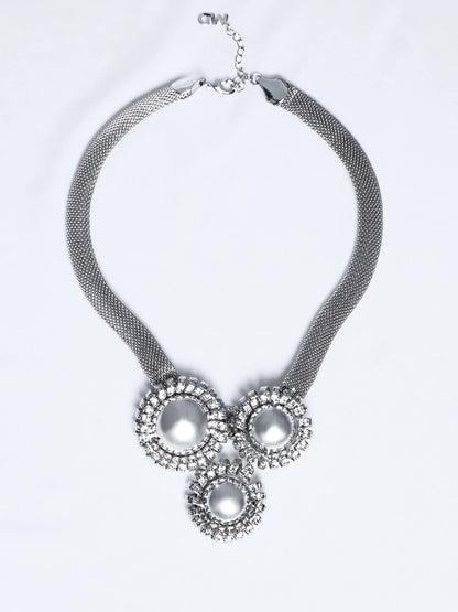Silver Large Flower Beaded Necklace Earring Set