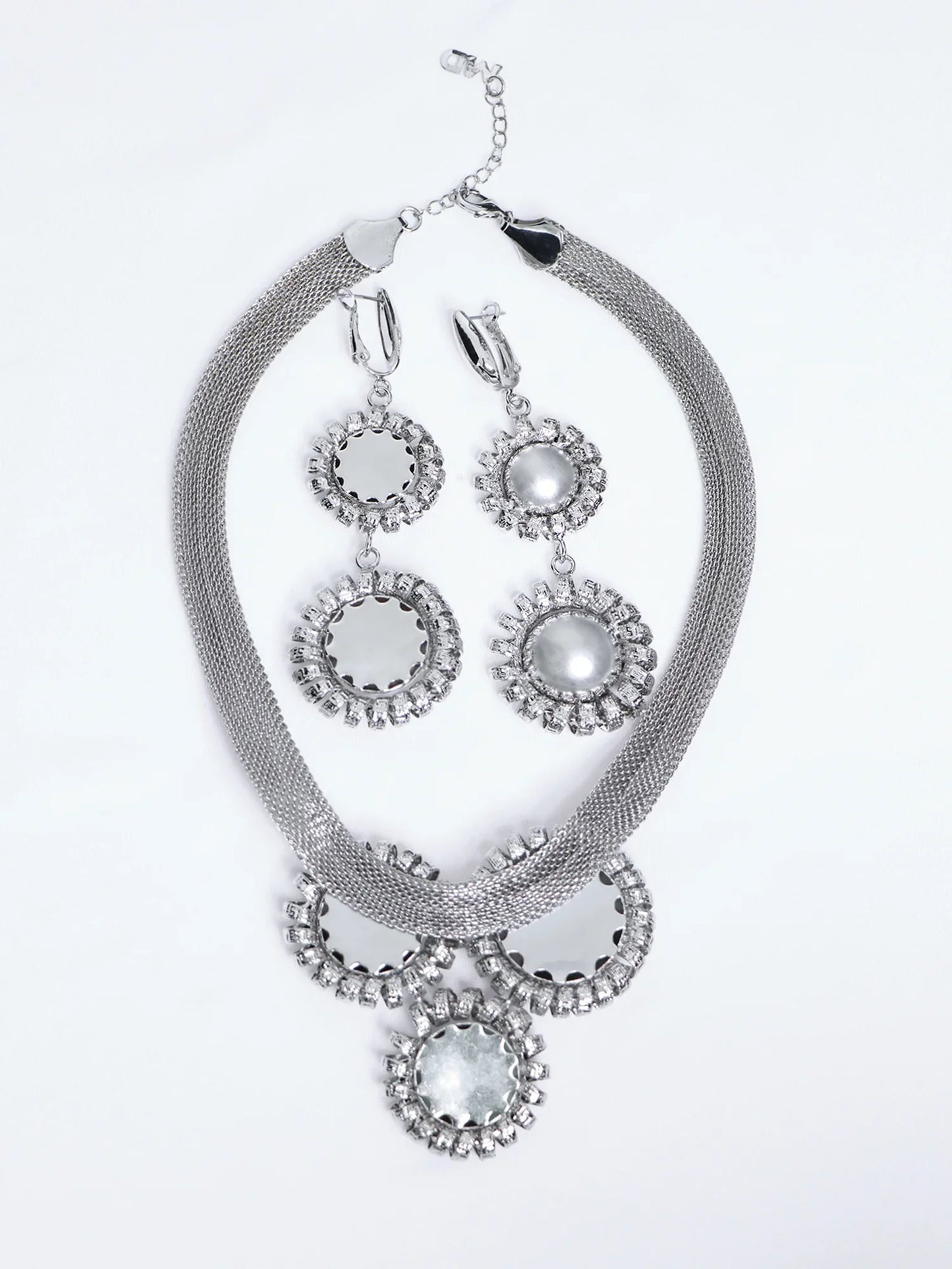 Silver Large Flower Beaded Necklace Earring Set
