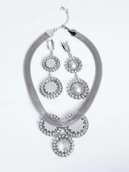 Silver Large Flower Beaded Necklace Earring Set