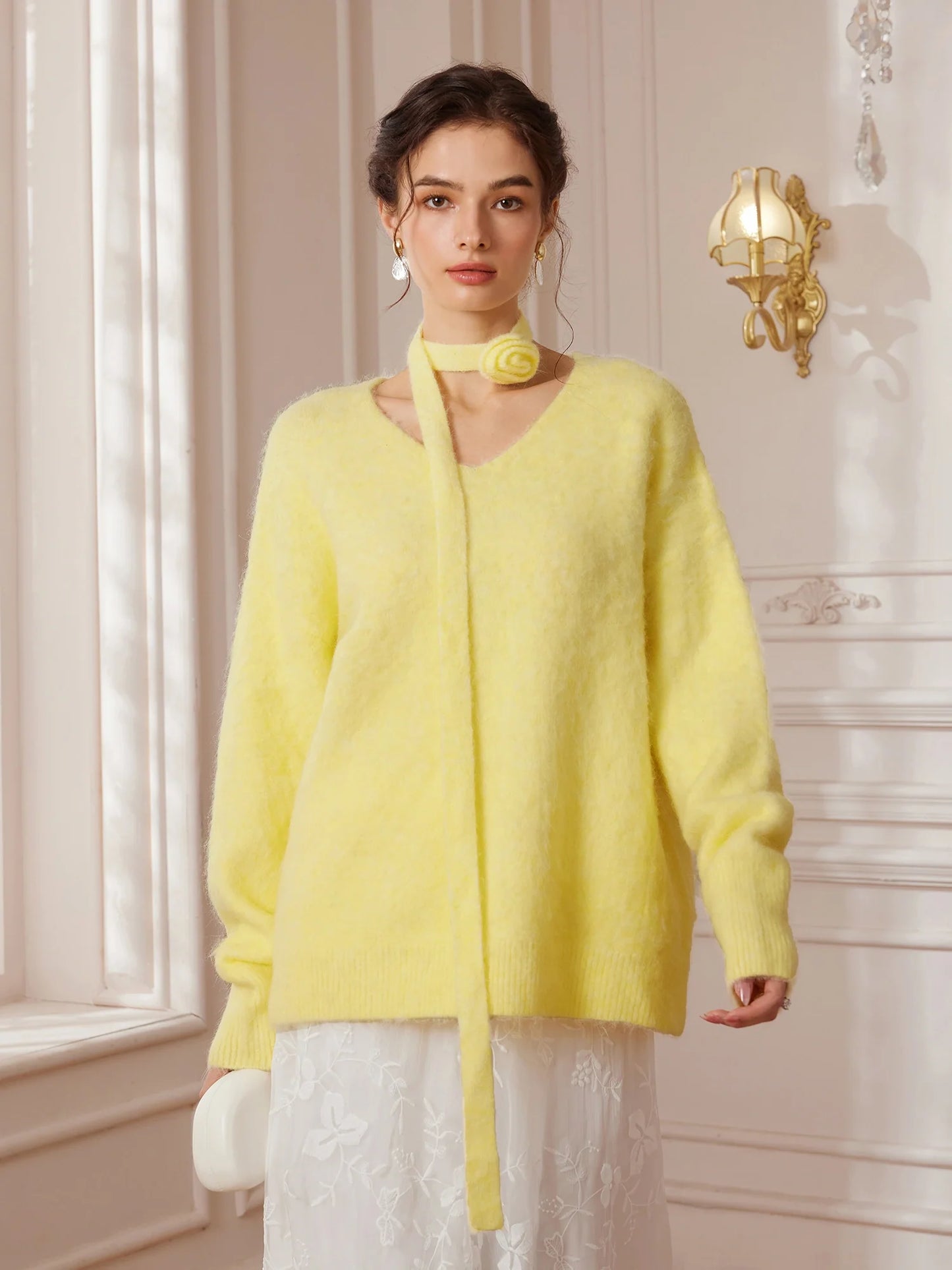 Soft Yellow V-Neck Sweater with Flower Choker