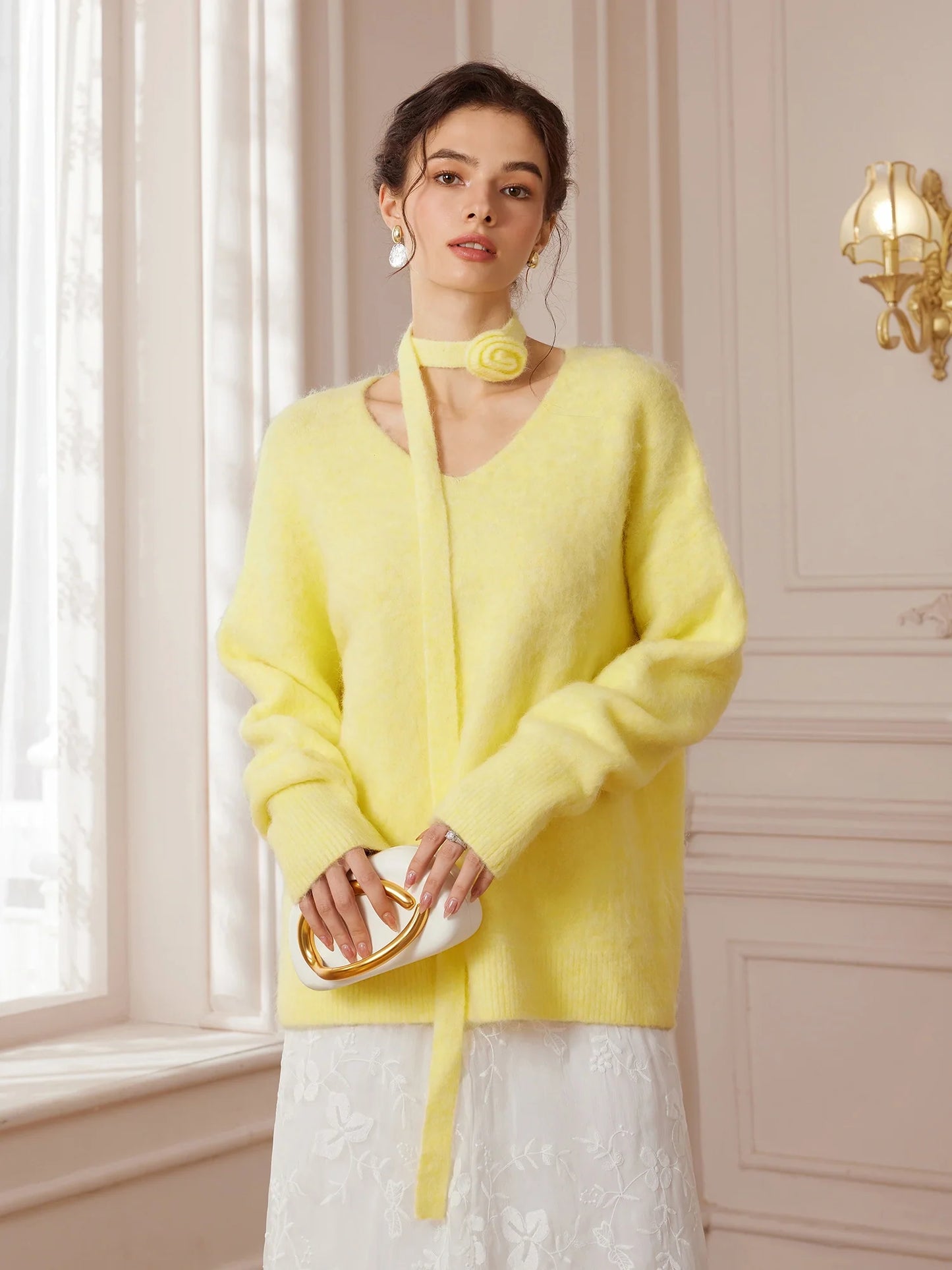 Soft Yellow V-Neck Sweater with Flower Choker
