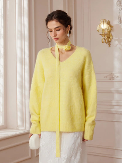 Soft Yellow V-Neck Sweater with Flower Choker