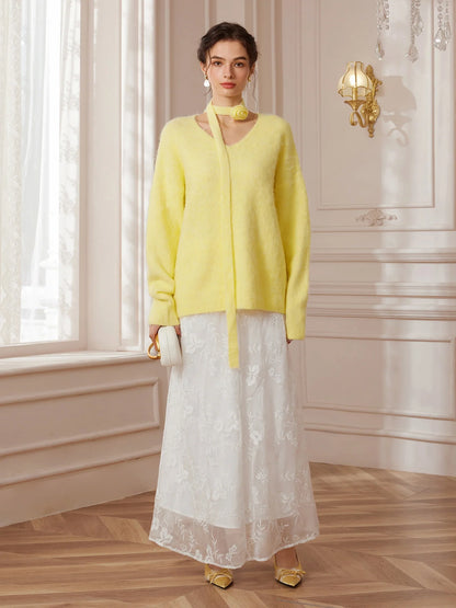 Soft Yellow V-Neck Sweater with Flower Choker
