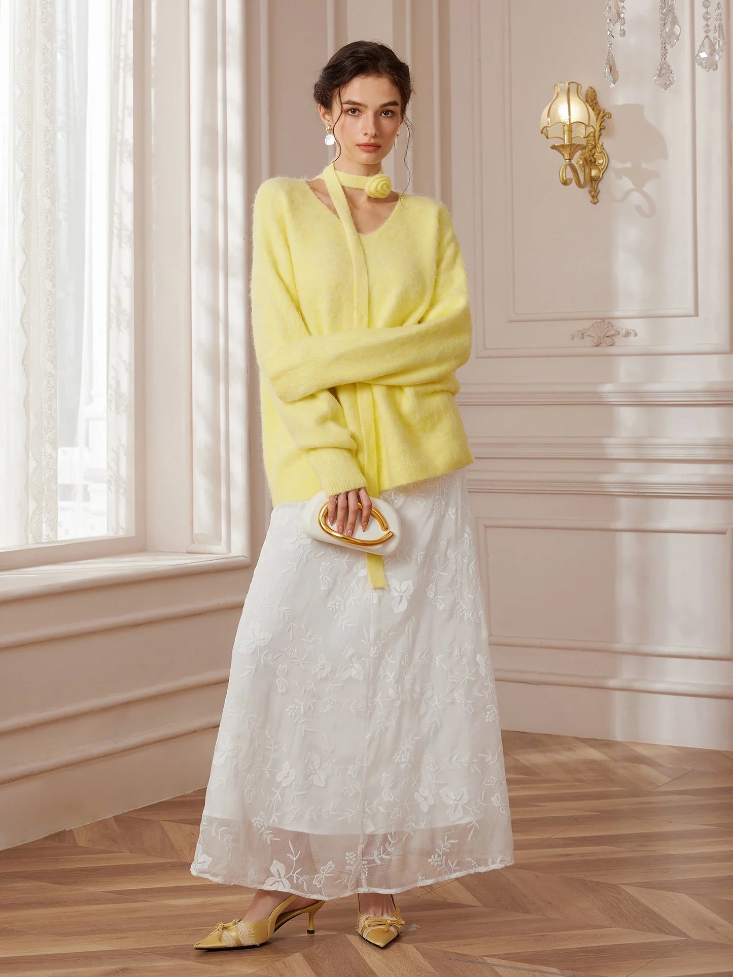 Soft Yellow V-Neck Sweater with Flower Choker