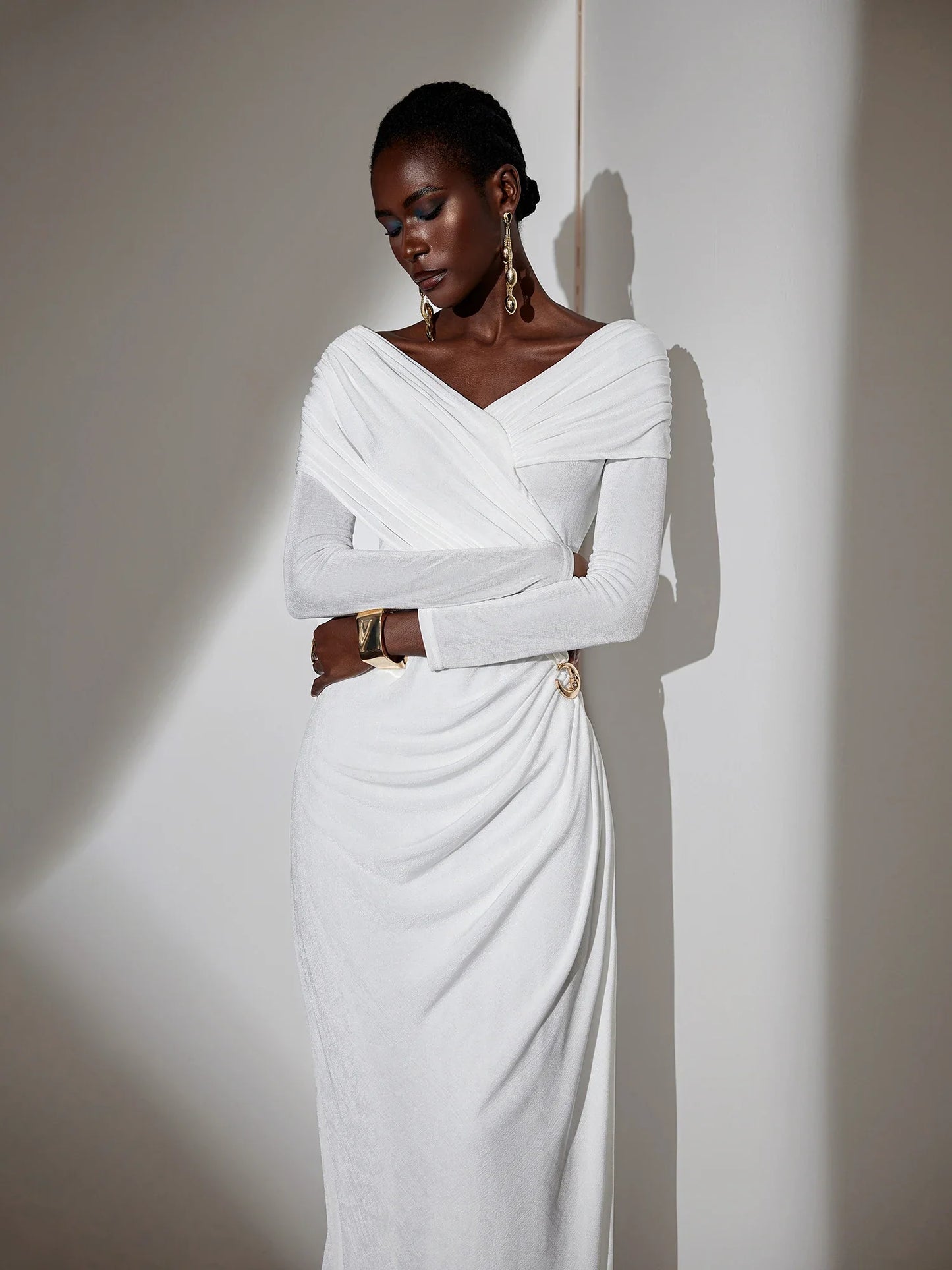 Solid-color Ruched Bodycon Maxi Dress