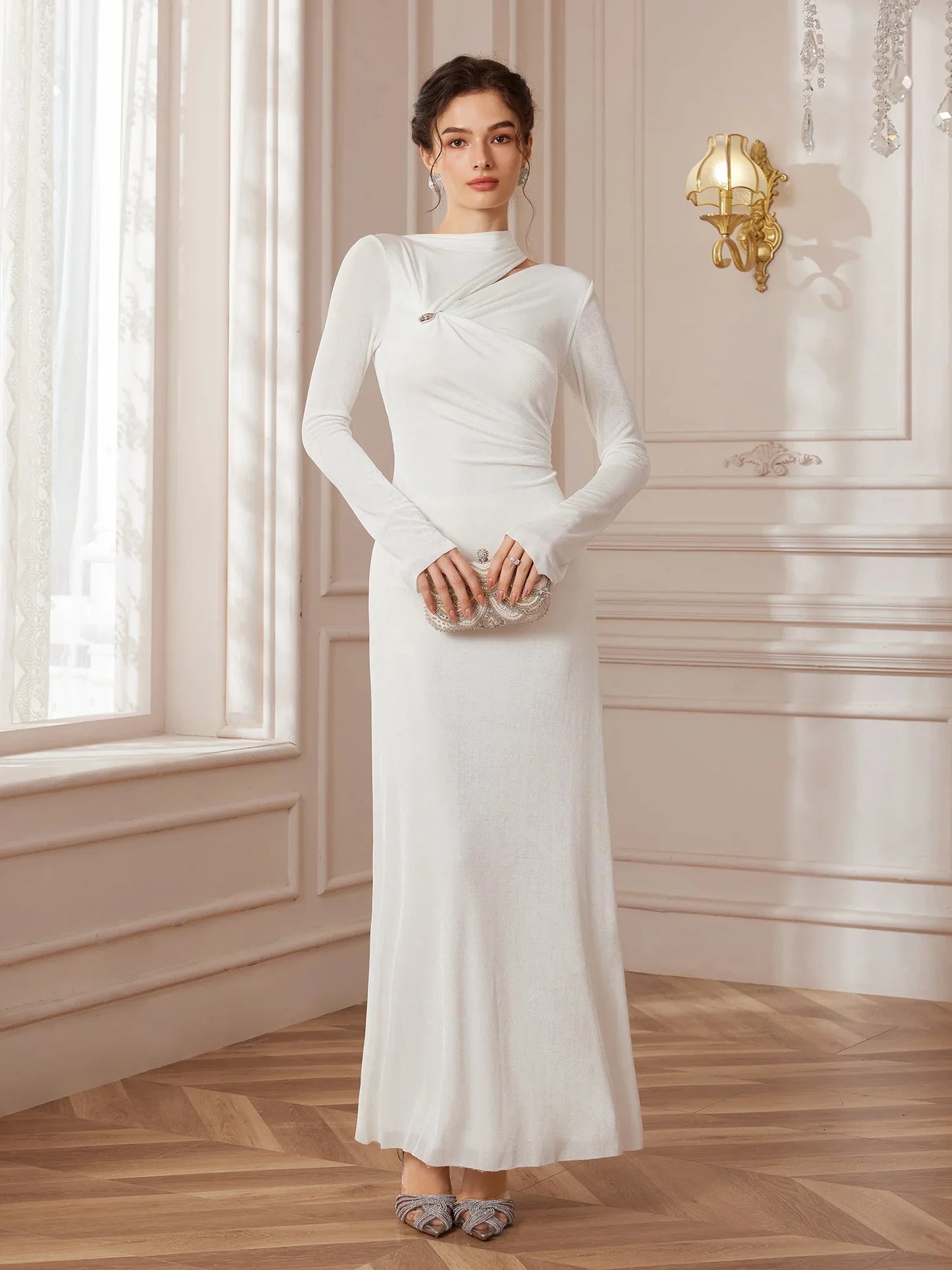 White Asymmetric Metal Wedding Maxi Dress