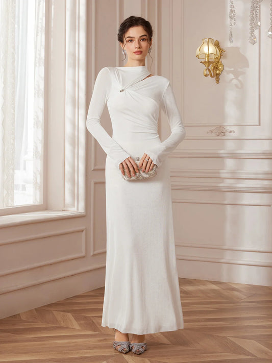White Asymmetric Metal Wedding Maxi Dress