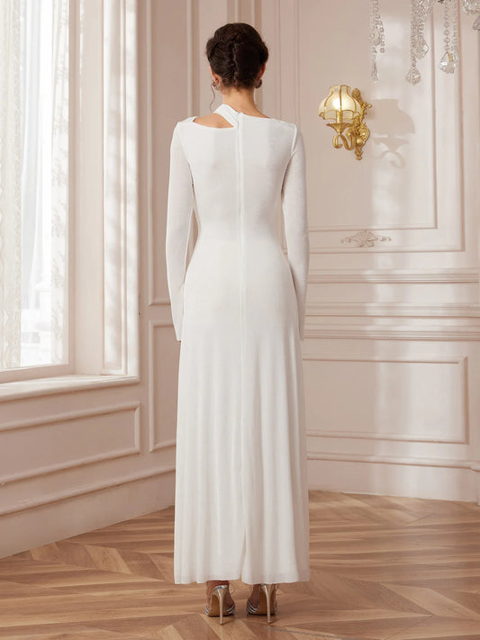 White Asymmetric Metal Wedding Maxi Dress