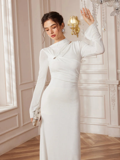 White Asymmetric Metal Wedding Maxi Dress