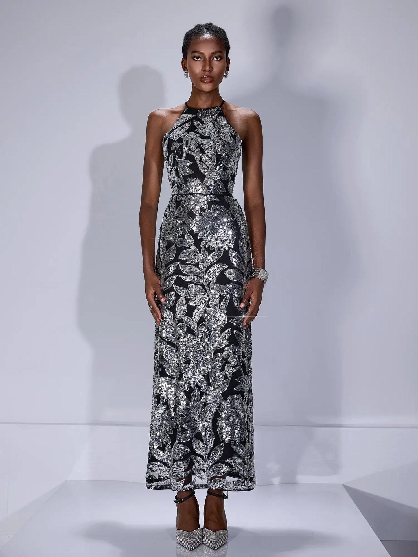 Sparkly Silver Print Midi Dress