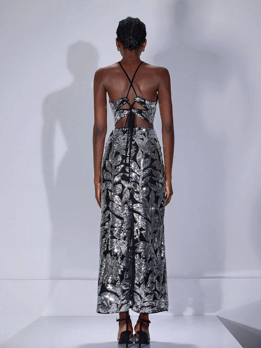 Sparkly Silver Print Midi Dress
