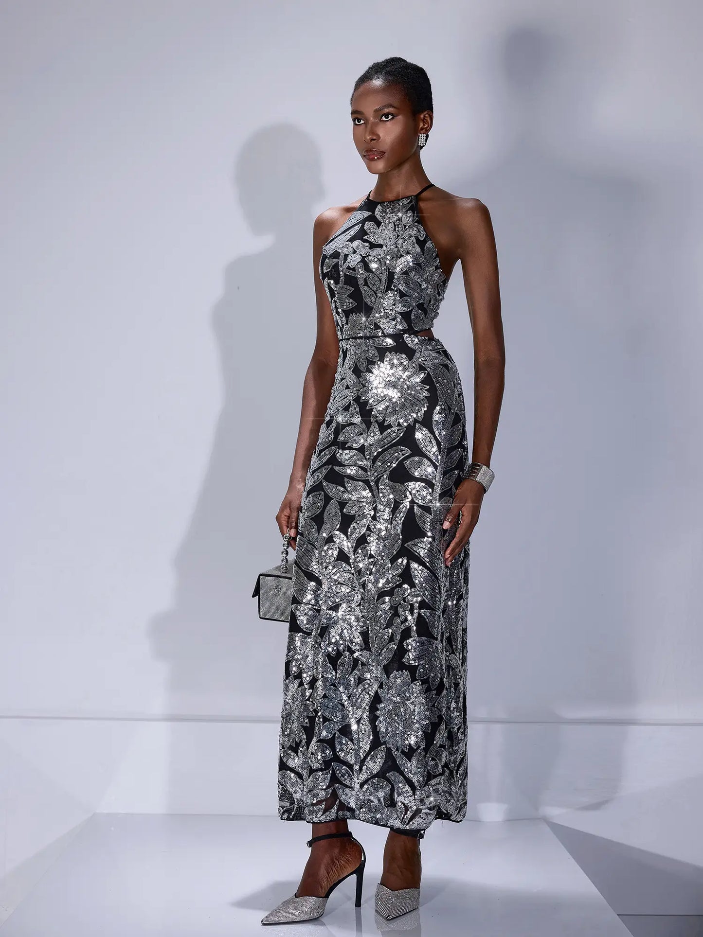Sparkly Silver Print Midi Dress