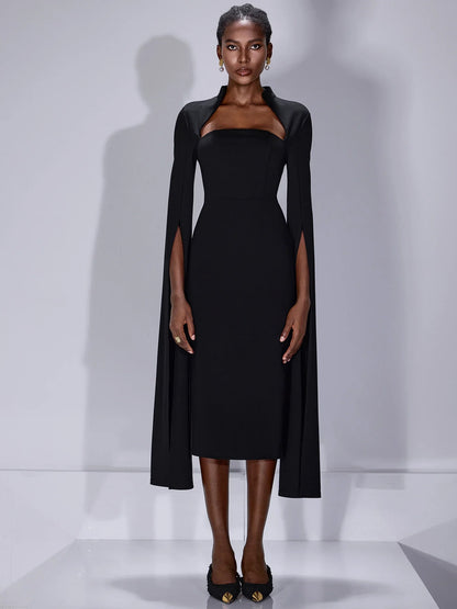 Split Cape Sleeves Midi Dress