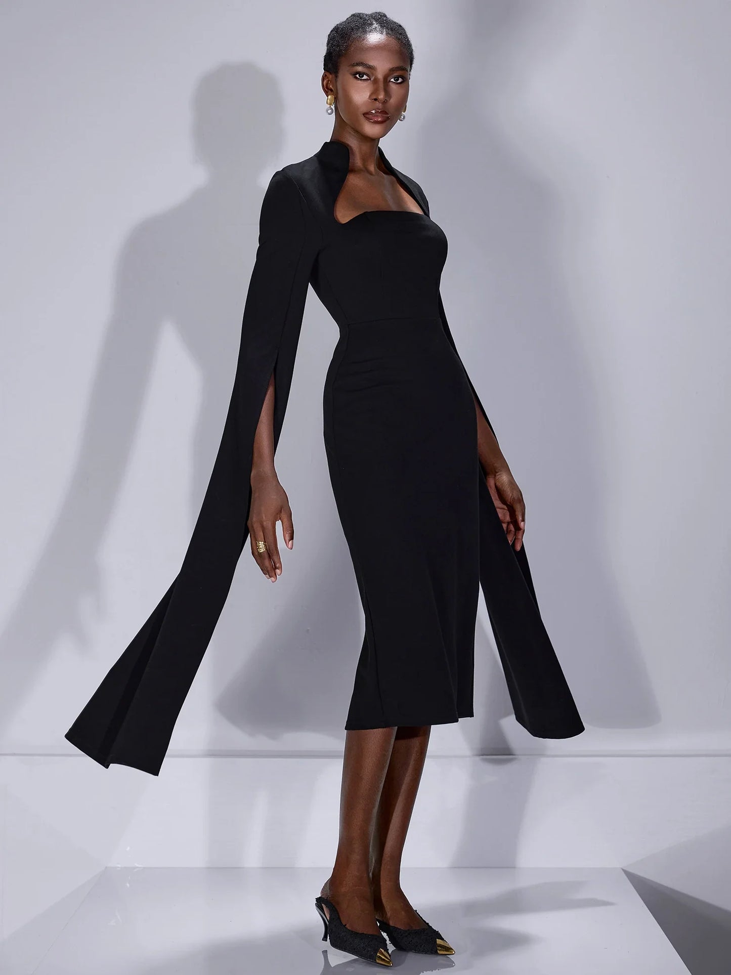 Split Cape Sleeves Midi Dress
