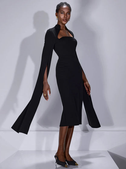 Split Cape Sleeves Midi Dress
