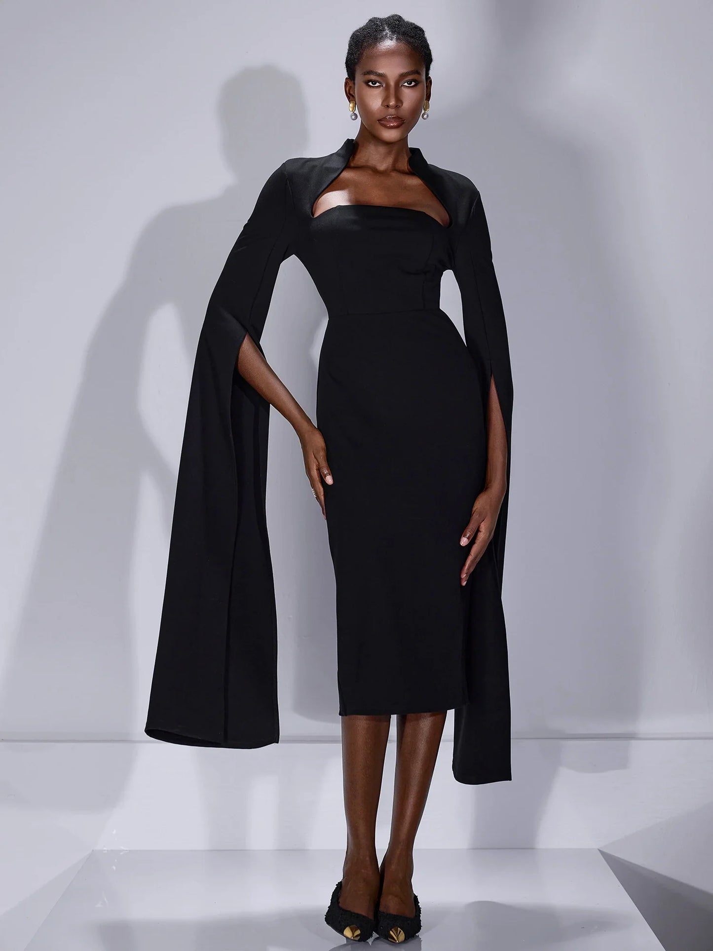 Split Cape Sleeves Midi Dress