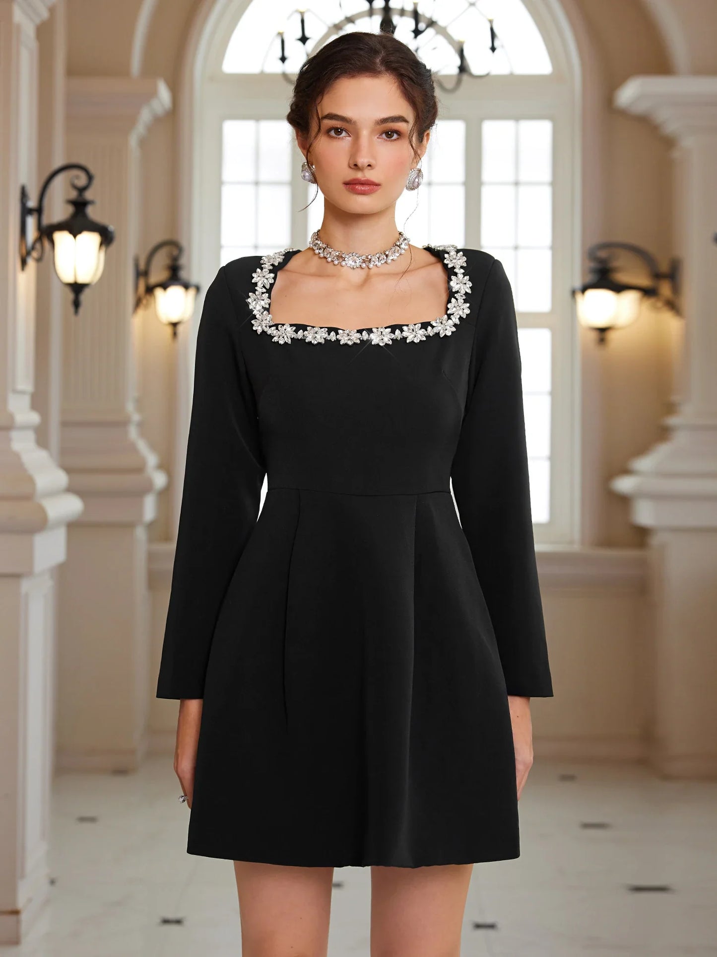 Square-Neck Crystal-Waist Mini Dress