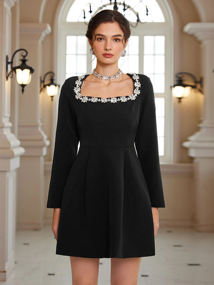 Square-Neck Crystal-Waist Mini Dress