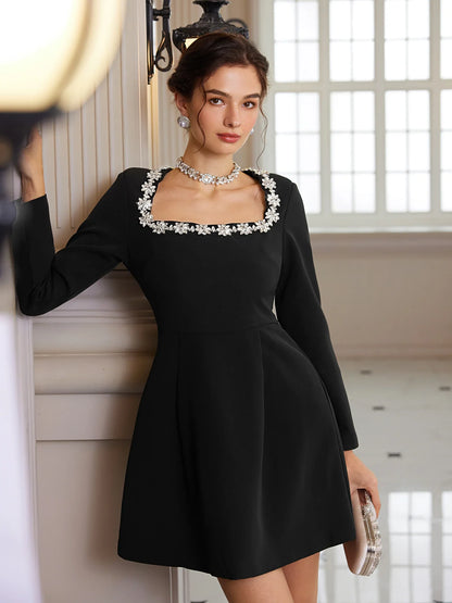 Square-Neck Crystal-Waist Mini Dress