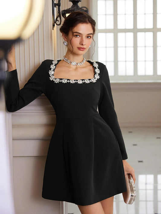 Square-Neck Crystal-Waist Mini Dress