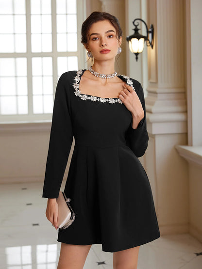 Square-Neck Crystal-Waist Mini Dress