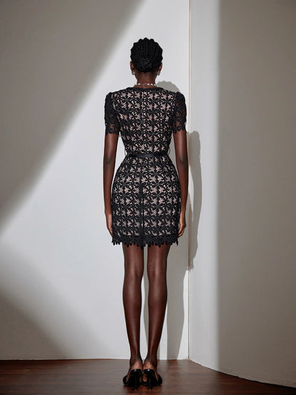 Elegant Square Neck Patterned Mesh Mini Dress