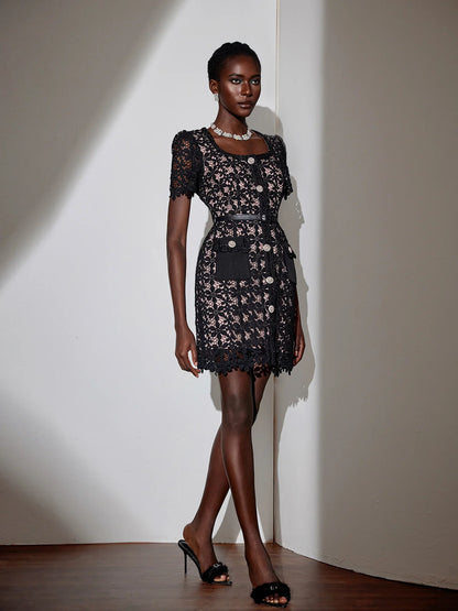 Elegant Square Neck Patterned Mesh Mini Dress