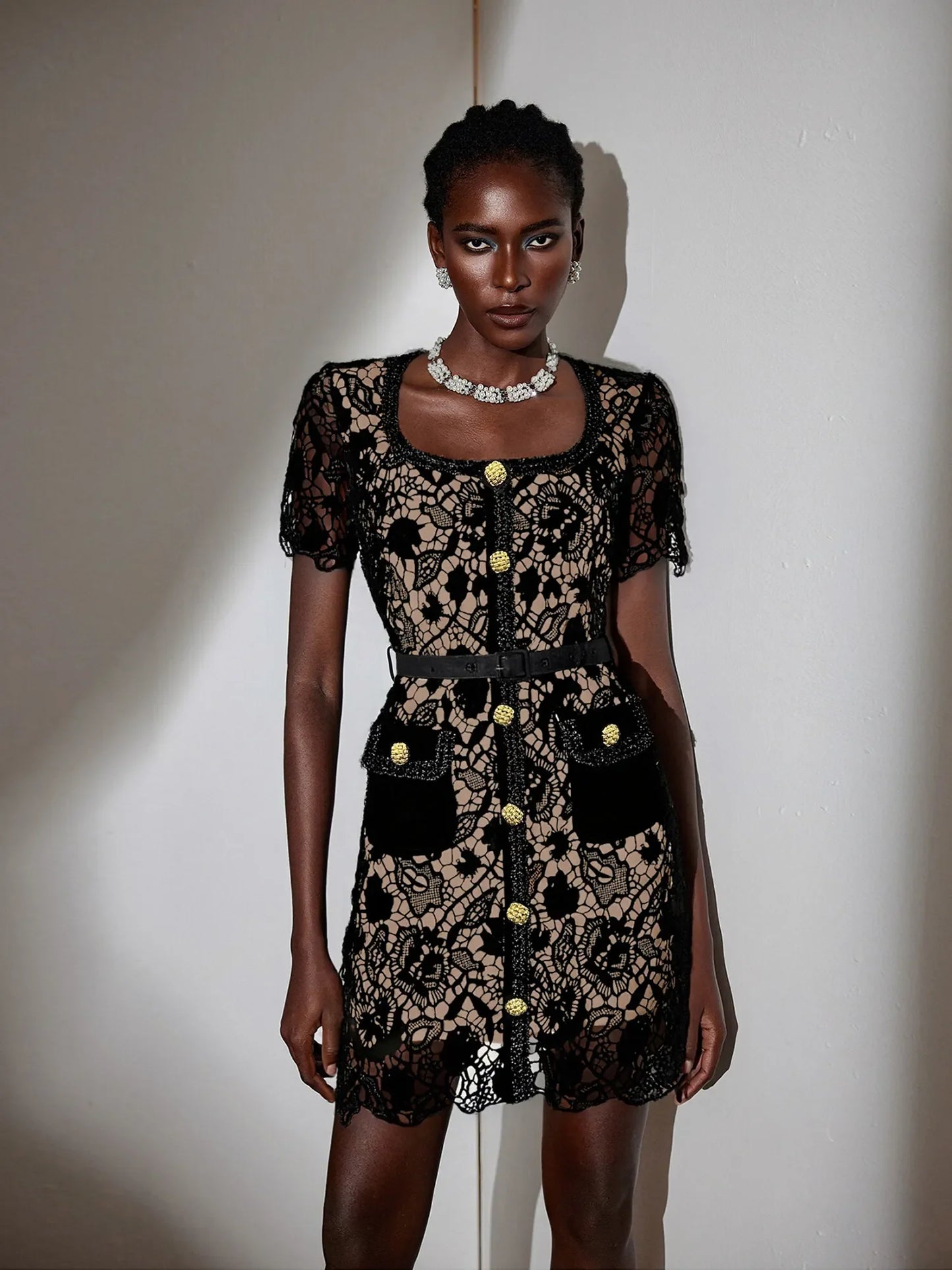 Square Neck Patterned Mesh Mini Dress