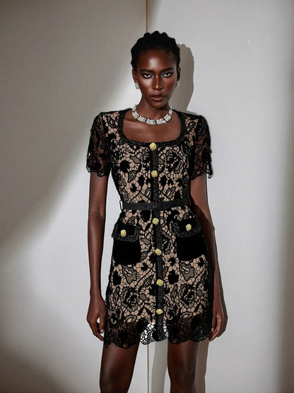 Square Neck Patterned Mesh Mini Dress