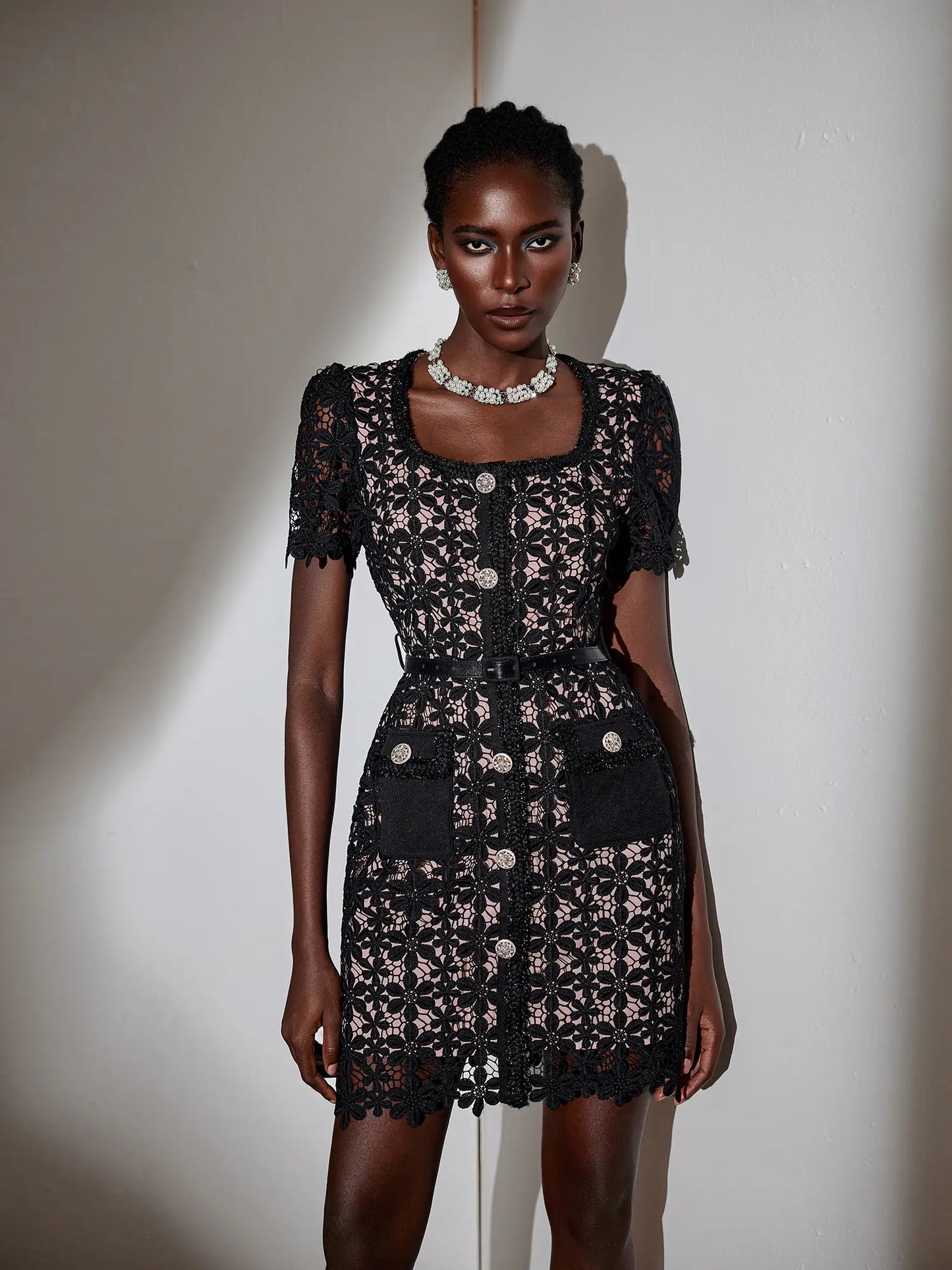 Elegant Square Neck Patterned Mesh Mini Dress